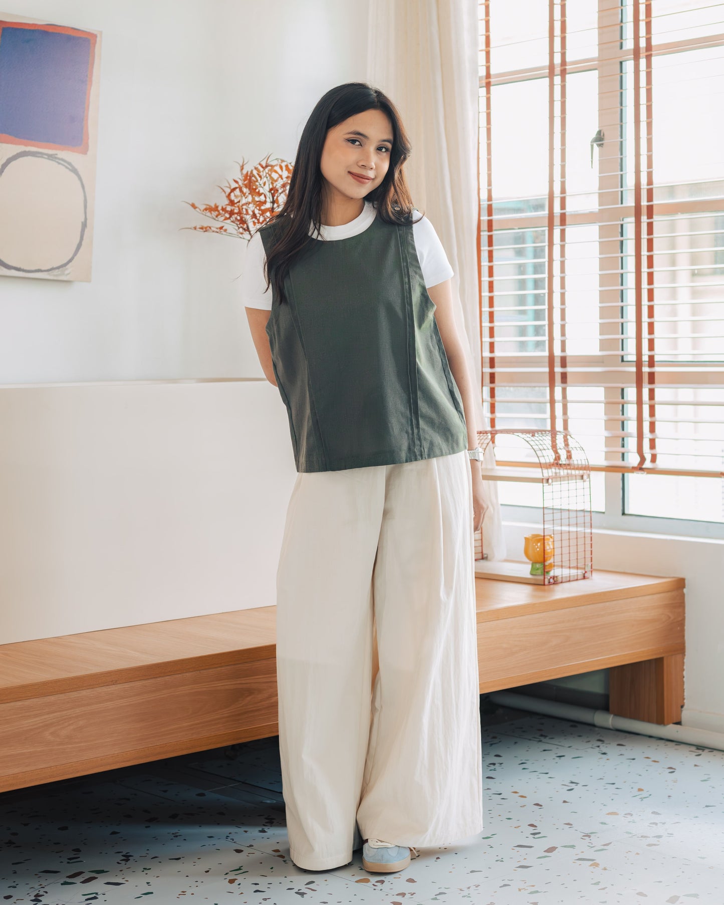 SUL SUL IRREGULAR BUTTON WIDE PANTS BEIGE