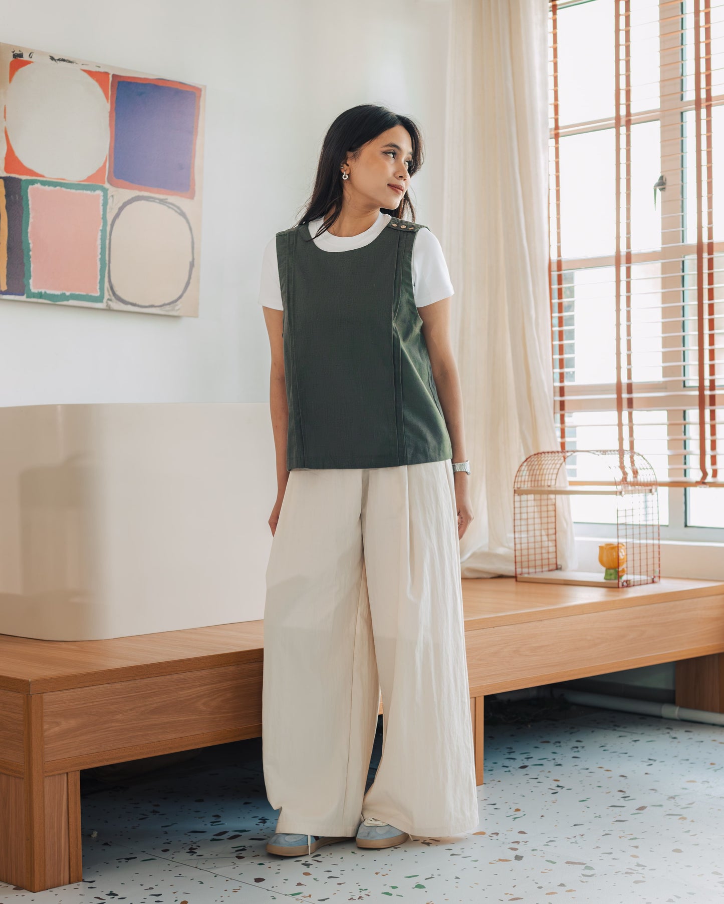 SUL SUL IRREGULAR BUTTON WIDE PANTS BEIGE