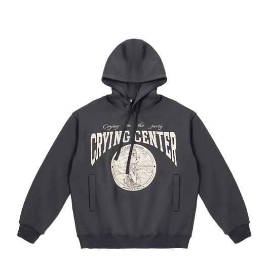 PLASTER SCULPTURE-PRINTED CEMENT GREY OVERSIZED HOODIE