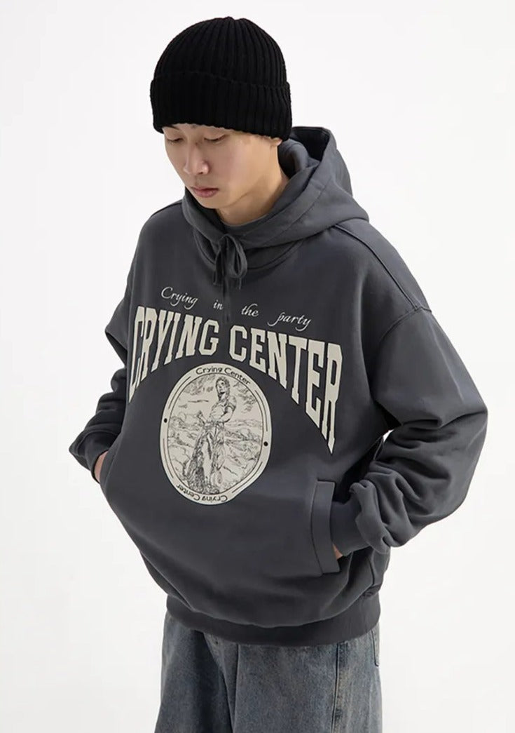 PLASTER SCULPTURE-PRINTED CEMENT GREY OVERSIZED HOODIE