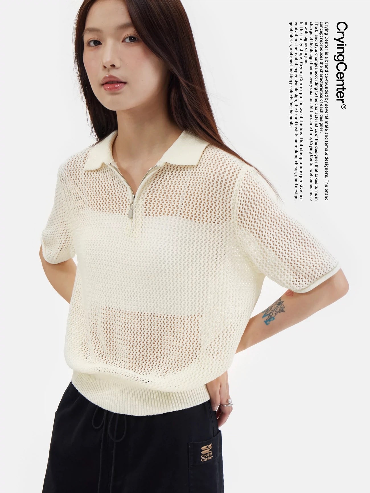 HOLE-KNIT ZIPPERED POLO TEE