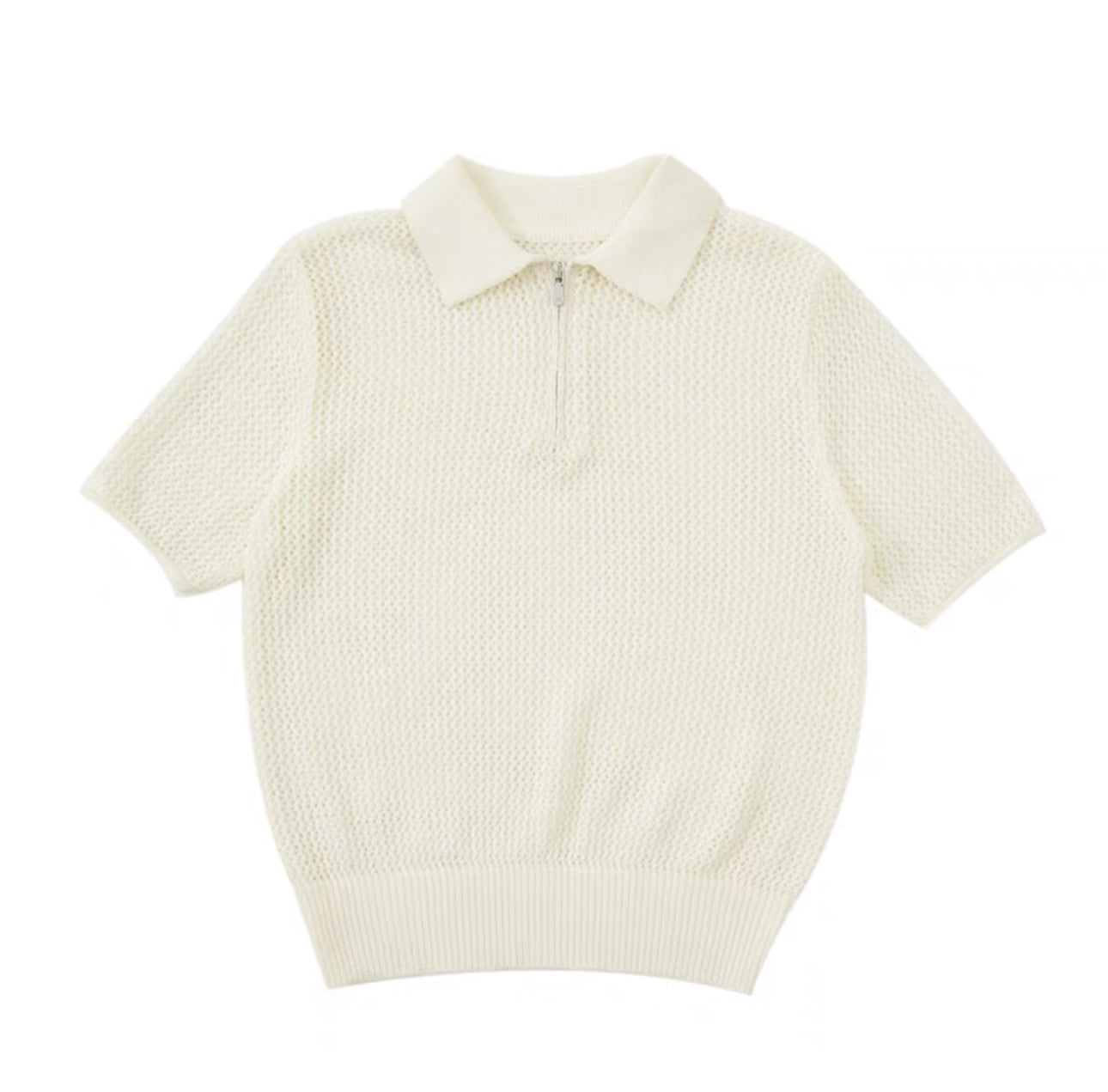 HOLE-KNIT ZIPPERED POLO TEE