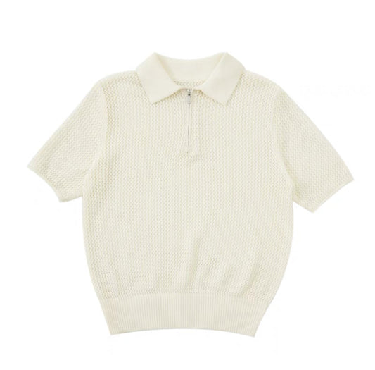 HOLE-KNIT ZIPPERED POLO TEE