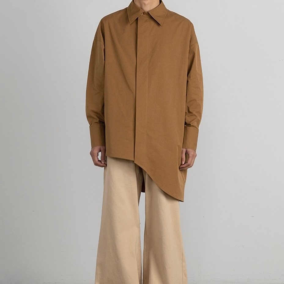 ORANGE BROWN IRREGULAR HEM MINIMALIST LONG SHIRT