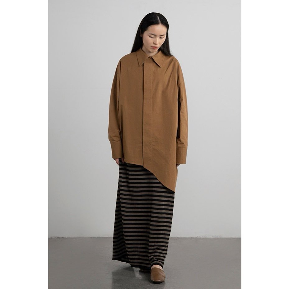 ORANGE BROWN IRREGULAR HEM MINIMALIST LONG SHIRT