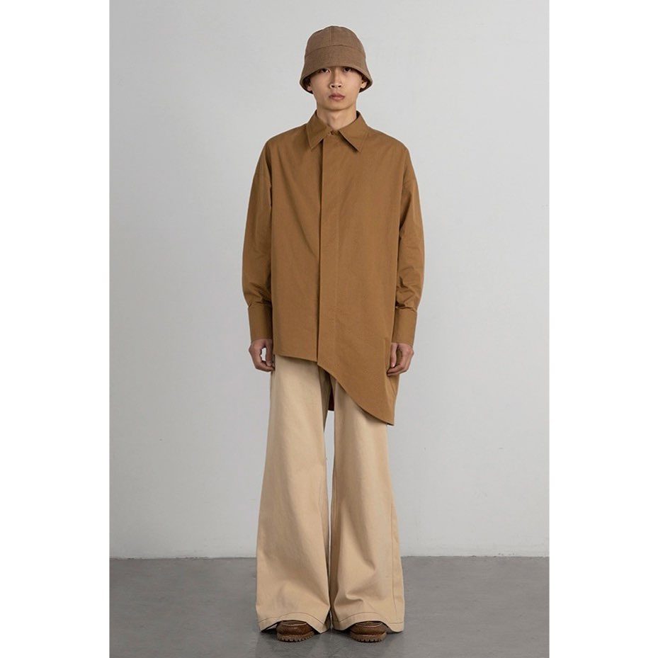 ORANGE BROWN IRREGULAR HEM MINIMALIST LONG SHIRT