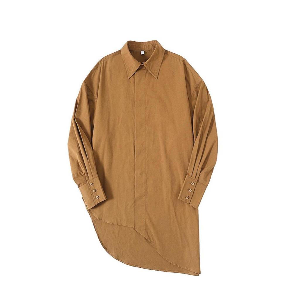 ORANGE BROWN IRREGULAR HEM MINIMALIST LONG SHIRT