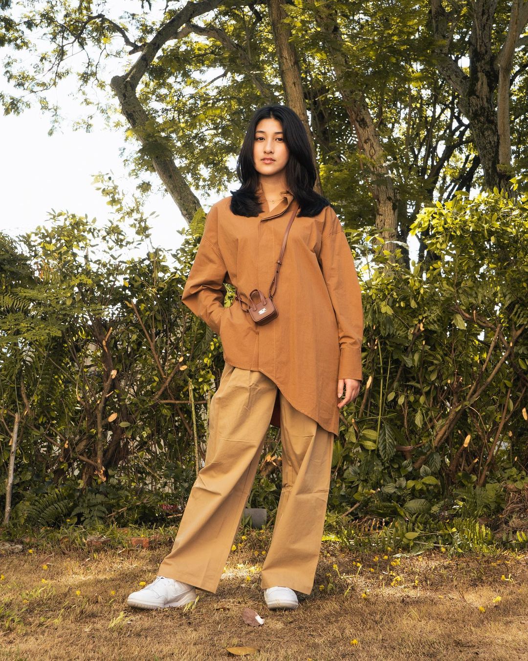 ORANGE BROWN IRREGULAR HEM MINIMALIST LONG SHIRT